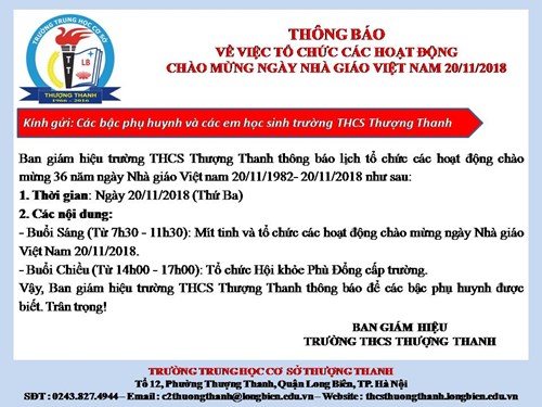 Thông báo về việc tổ chức các hoạt động chào mừng ngày nhà giáo Việt Nam 20/11/2018